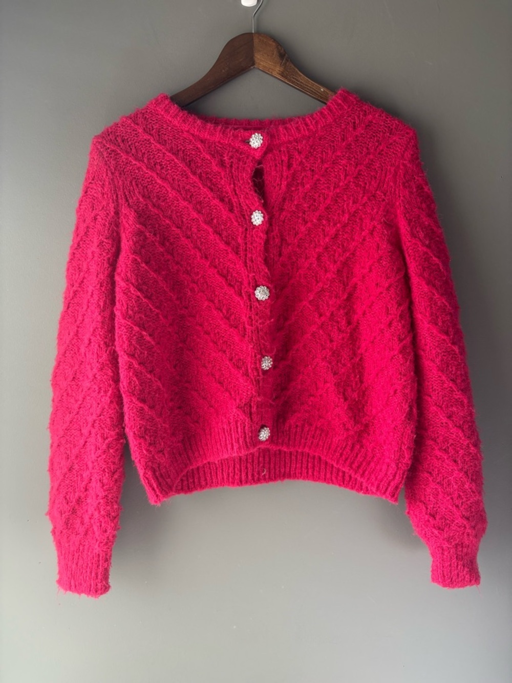 ONLY Life Pink Fuzzy Knit Cardigan Medium Barbiecore Rhinestone Buttons - Picture 2 of 6